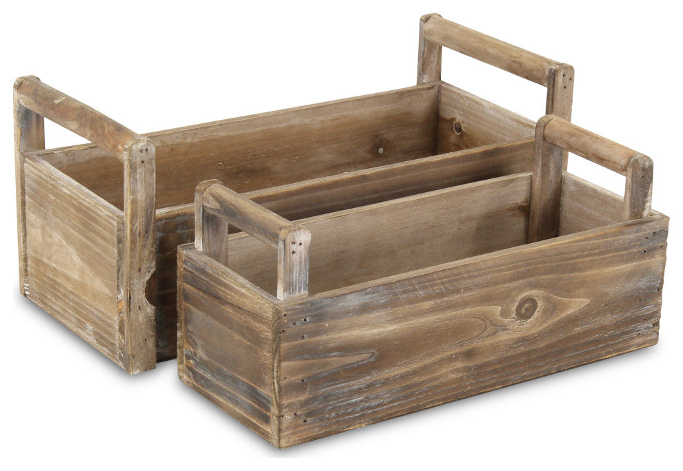 Distressed Wooden Ledge Planters With Handles, Set of 2