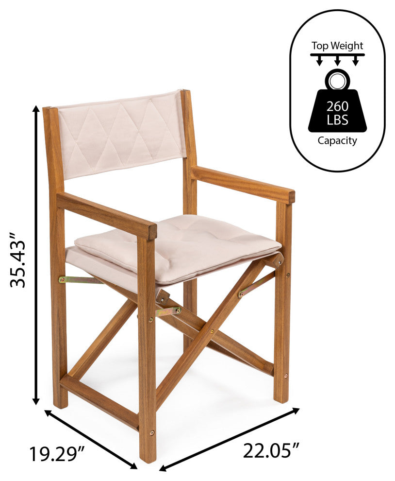 Outdoor Acacia Wood Foldable Diamond-Quilted Back Director Chair, Cushion, Set 2
