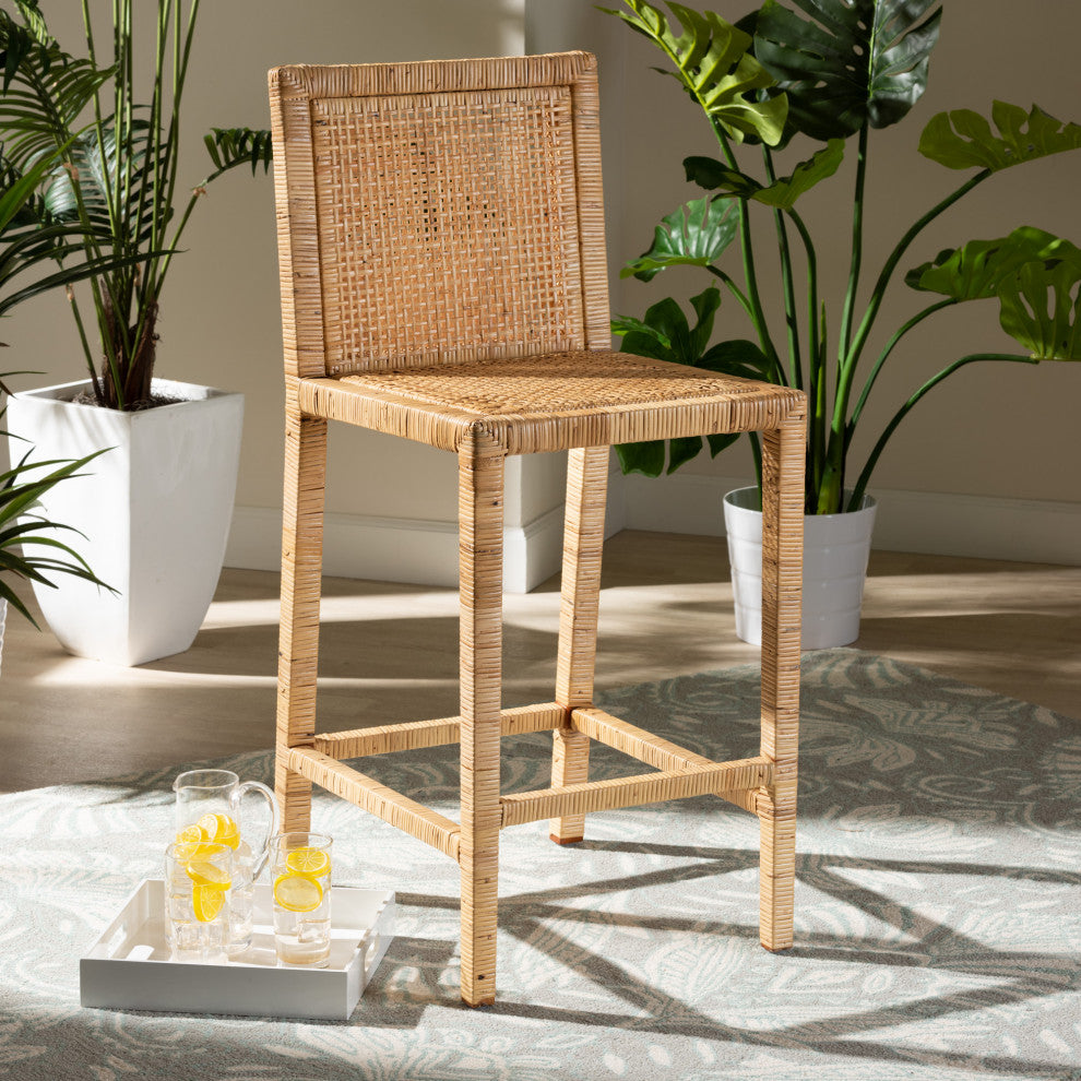 Sofia Modern and Contemporary Natural Finished Wood and Rattan Counter Stool