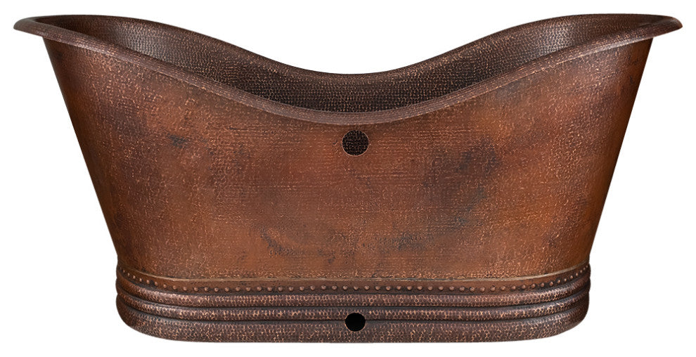 67" Hammered Copper Double Slipper Bathtub, Overflow Holes & Drain Package