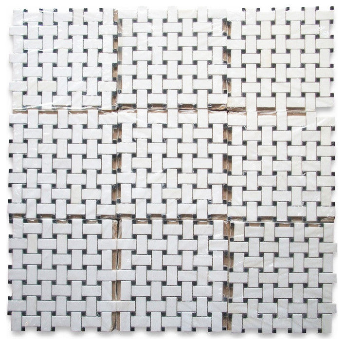 Thassos White Marble Basketweave Mosaic Vintage Bathroom Tile Polished, 1 sheet