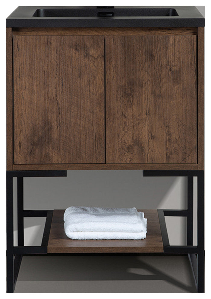 Freestanding Bath Vanity Set, Rose Wood, Integrated Solid Surface Sink, 24"