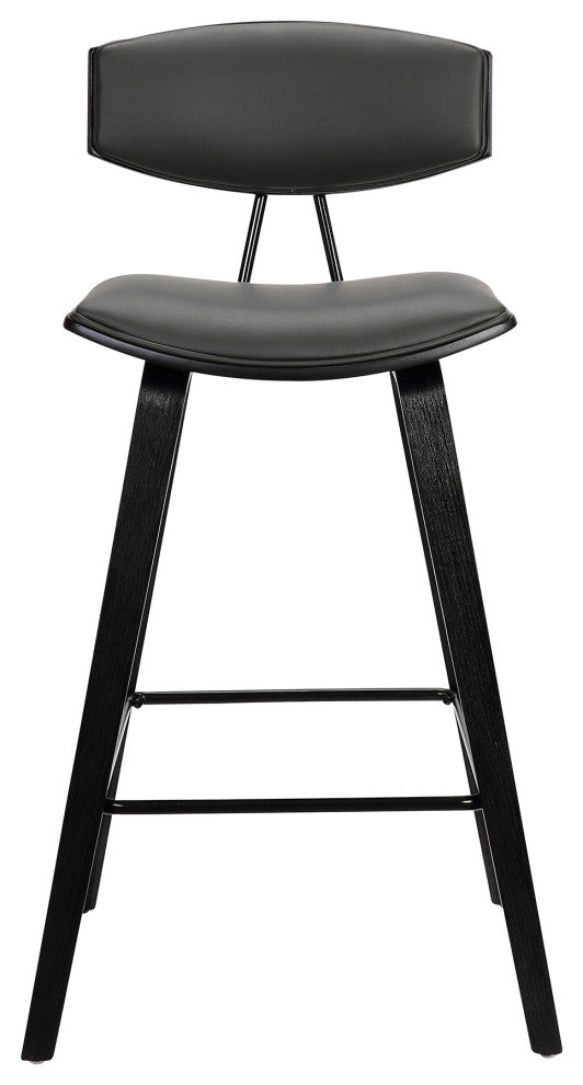 Fox 30" Mid-Century Bar Height Barstool in Grey Faux Leather with Black Brushed