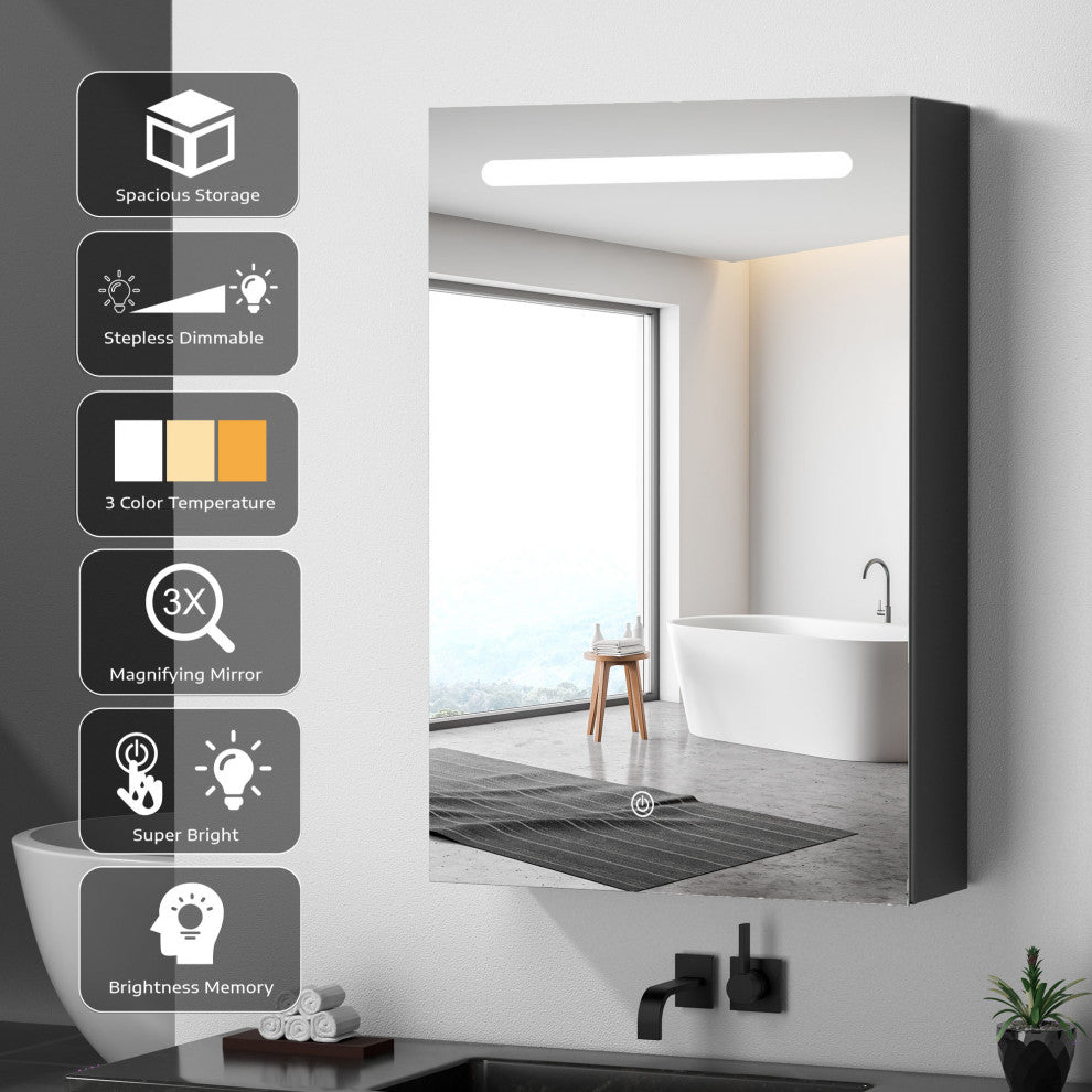 30" Aluminum Surface Mount 1-door Medicine Cabinet with Mirror and LED Lights