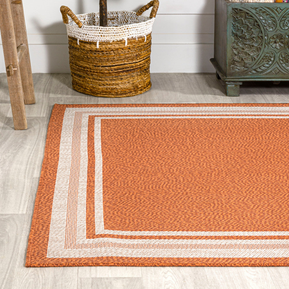 James Modern Border Stripe Indoor/Outdoor Area Rug, Orange/Cream, 8x10