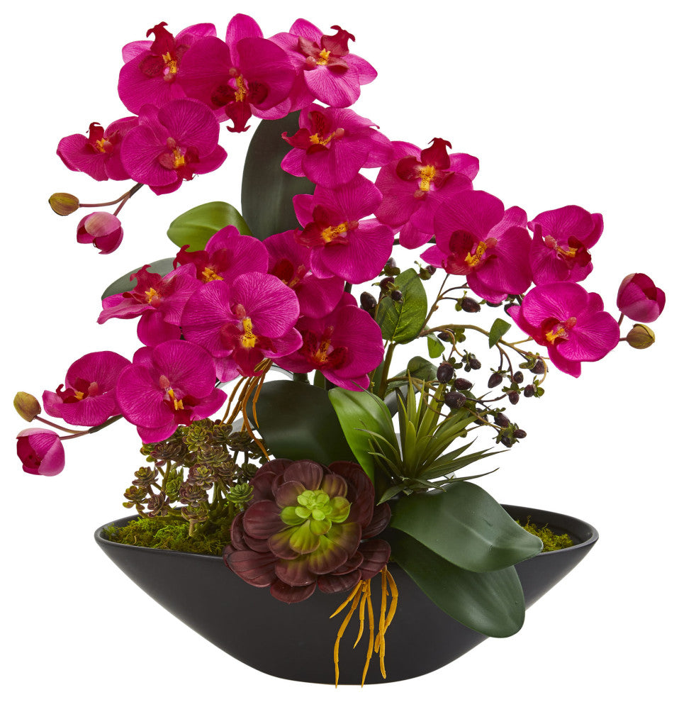 Phalaenopsis Orchid and Mixed Succulent Faux Arrangement in Vase, Pink