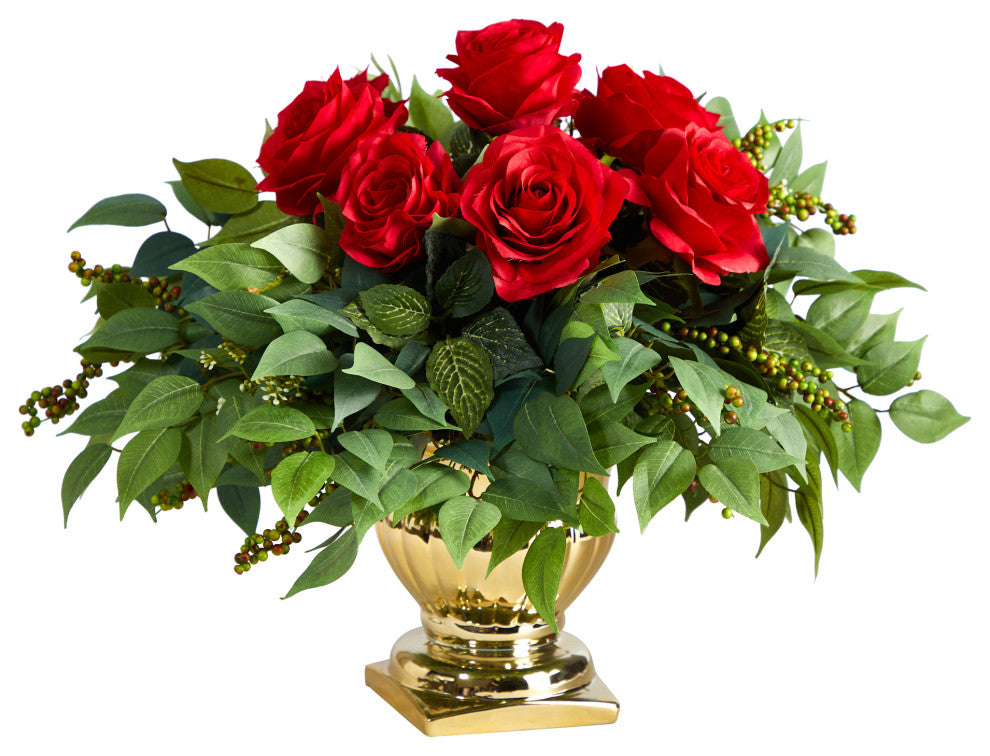 14" Rose Artificial Arrangement, Gold Urn