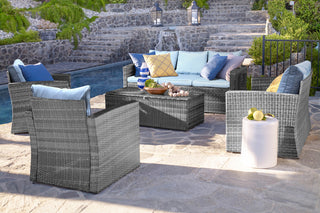 Rio 5-Piece Wicker Conversation Set With Storage, Gray Wicker/Blue Cushions