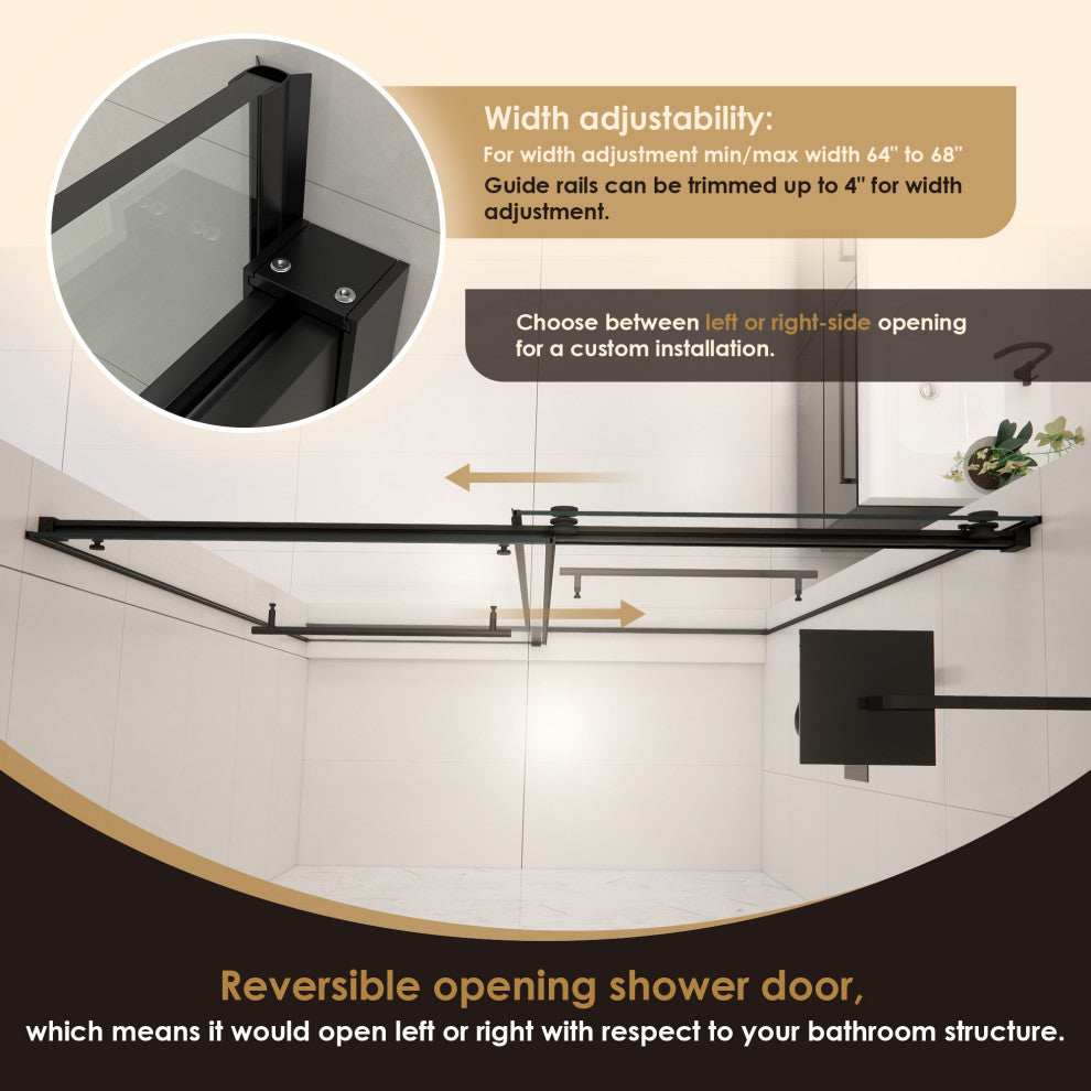 Frameless Exposed Roller Shower Door, Clear Glass, Matte Black, 68" W X 76" H