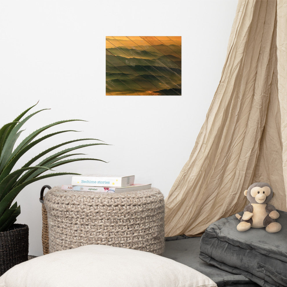 Faux Wood Foggy Mountain Layers at Sunset Landscape Unframed Wall Art Prints, 11" X 14"