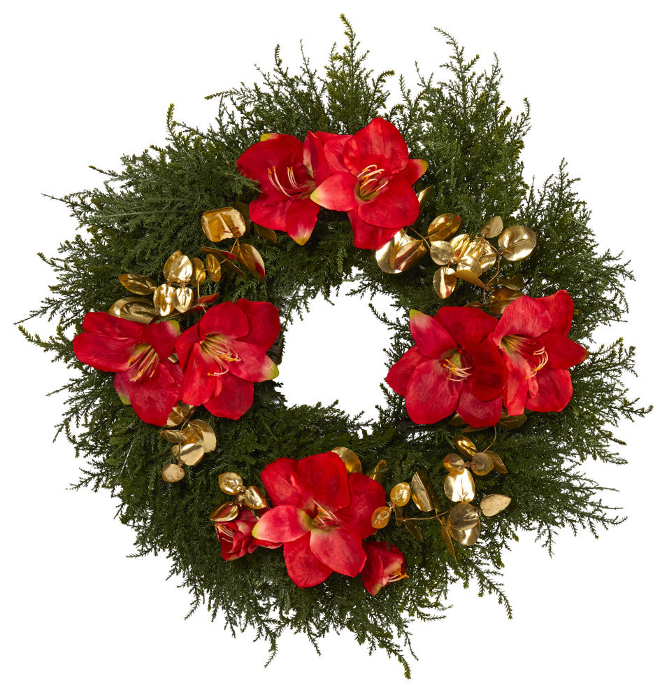 24" Cedar, Amaryllis and Metallic Eucalyptus Artificial Wreath