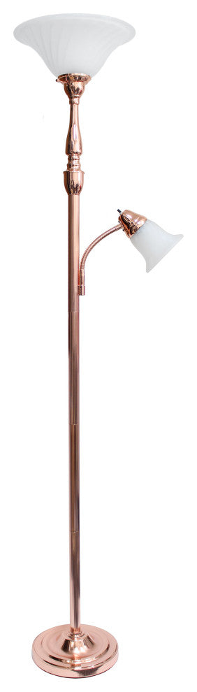 2 Light Mother Daughter Floor Lamp With White Marble Glass, Rose Gold