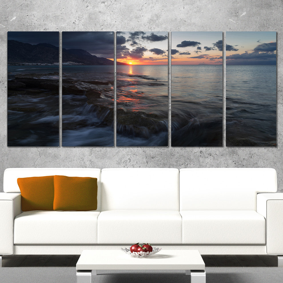 "Dark Mediterranean Beach Dawn" Modern Seashore Canvas Art, 5 Panels, 60"x28"