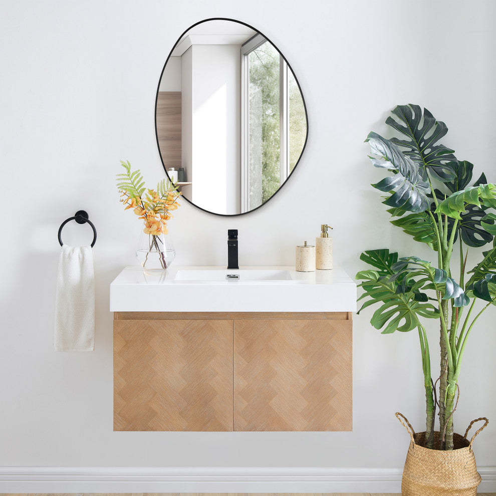 Aura Irregular Framed Bathroom Wall Mirror, Matte Black, 27"