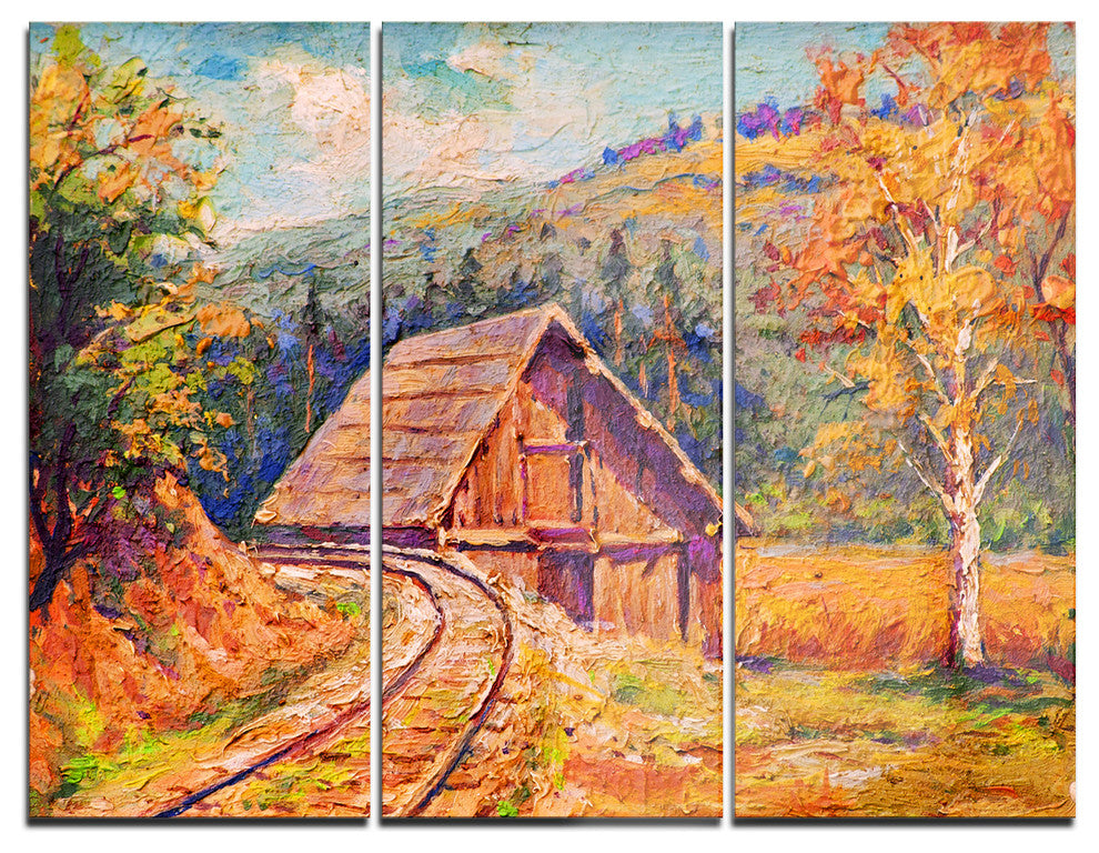 "Railway Track in Village" Glossy Metal Wall Art, 3 Panels, 36"x28"
