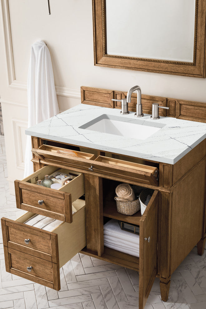 James Martin 650-V36-SBR-3ENC 36" Saddle Brown Single Vanity w/ 3 CM Quartz Top