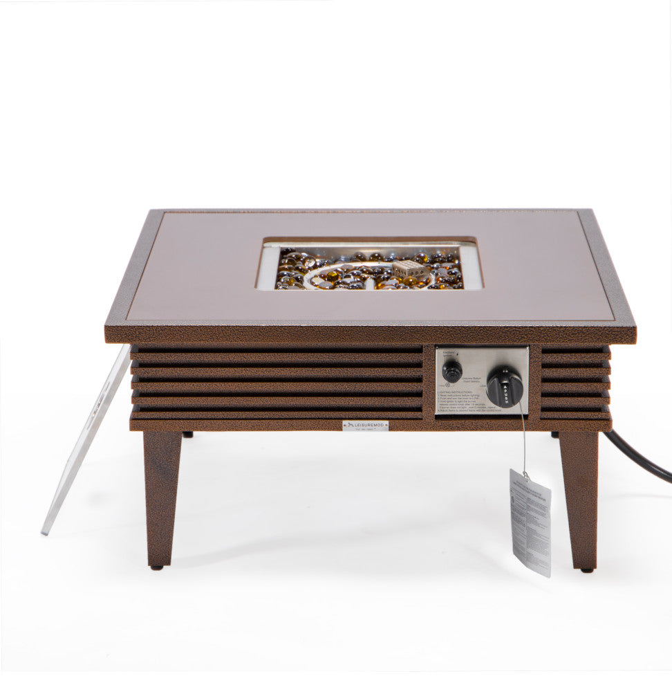 LeisureMod Walbrooke Square Fire Pit Table and Tank Holder With Slats, Brown
