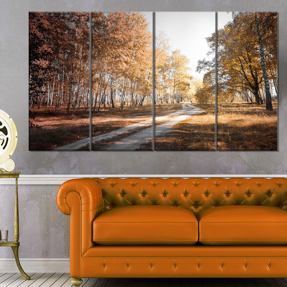 Straight Road in Fall Birch Grove, Modern Forest Canvas Art, 48"x28", 4 Panels