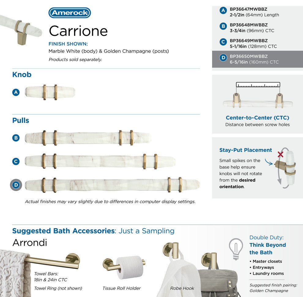 Carrione Cabinet Pull, Marble White/Golden Champagne, 6-5/16" Center-to-Center