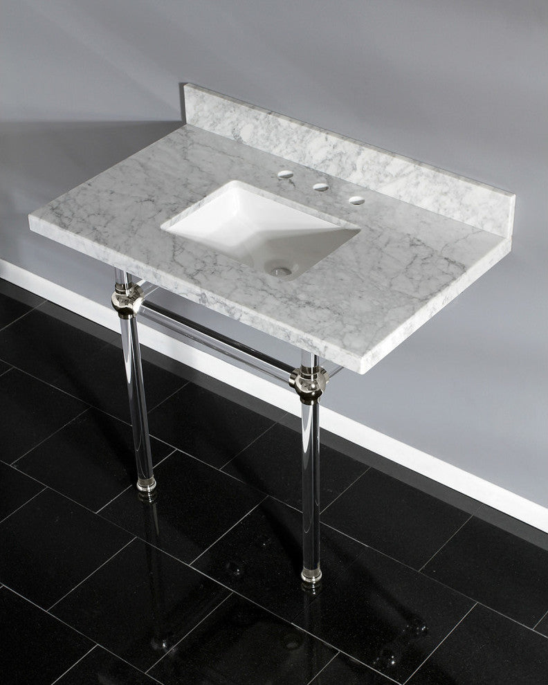 36X22 Marble Vanity Top w/Acrylic Console Legs, Carrara Marble/Polished Nickel