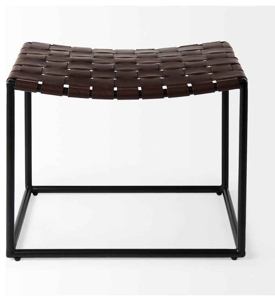 Clarissa Dark Brown Genuine Leather Woven Seat w/Black Metal Frame Stool