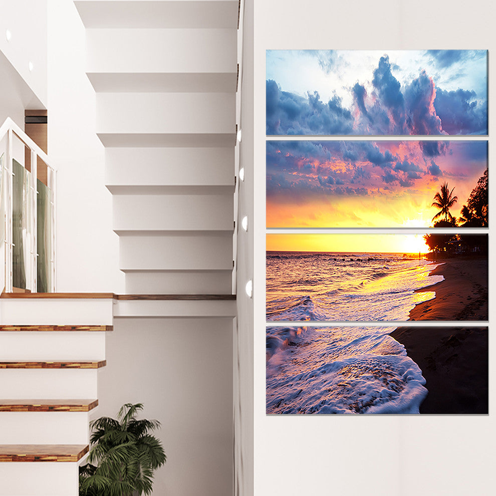 Sea Sunset in Olympic Park Coast, Large Seashore Canvas Print, 28"x48", 4 Panels