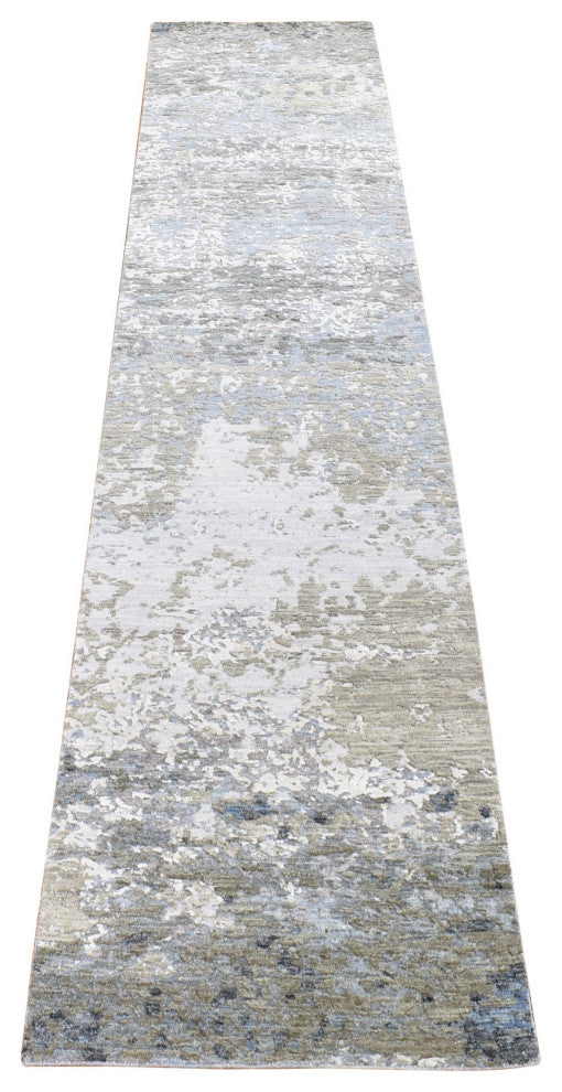 Gray, Pure Wool Modern Abstract Design, Hand Knotted, Runner Rug, 2'6"x12'1"