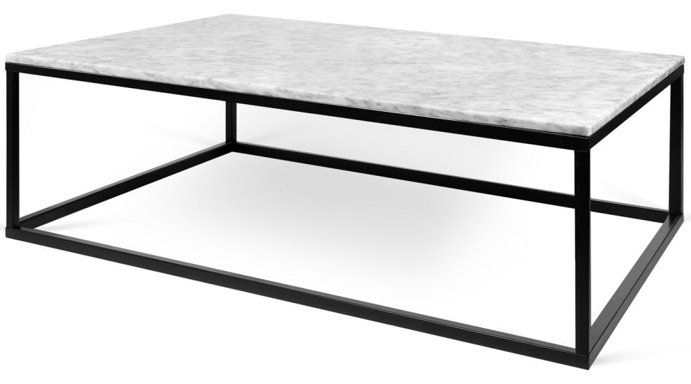 Modern Square Marble Top Coffee Table, White Marble/Black Legs