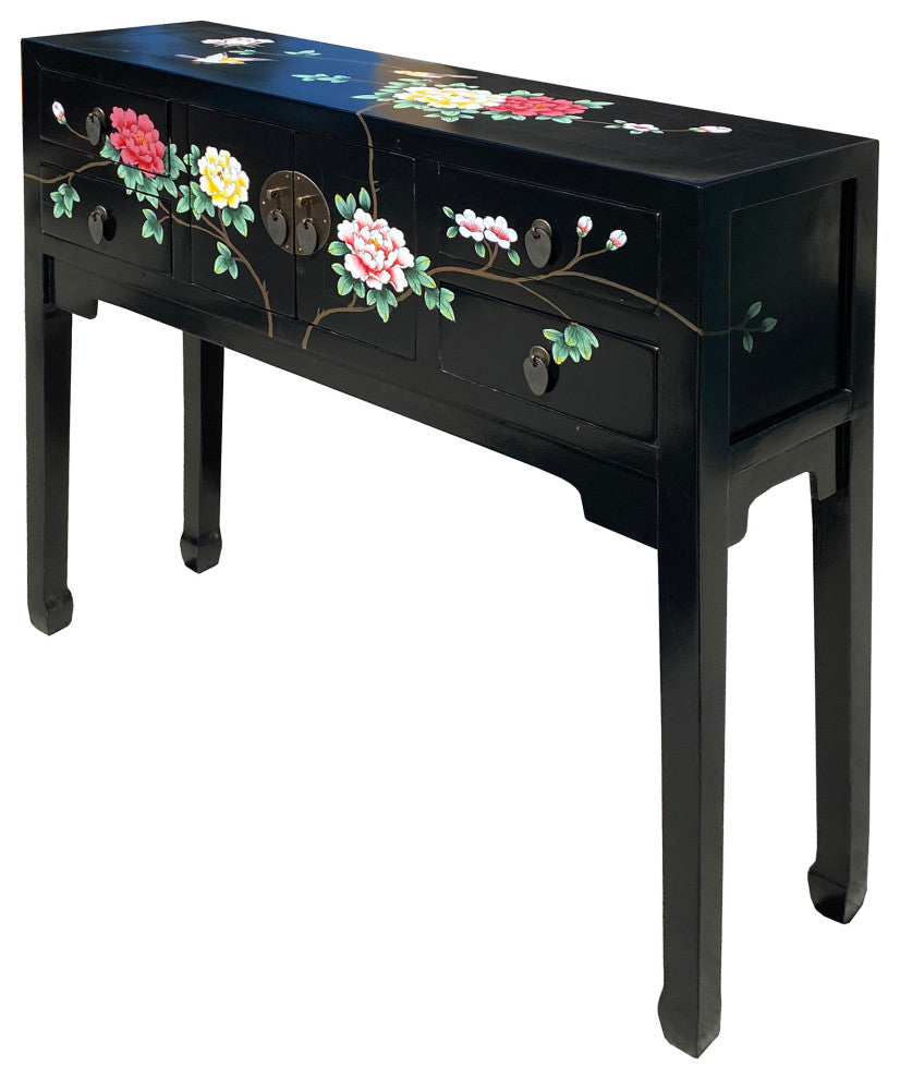 Black Lacquer Flower Graphic 4 Drawers Slim Narrow Foyer Side Table Hcs7347