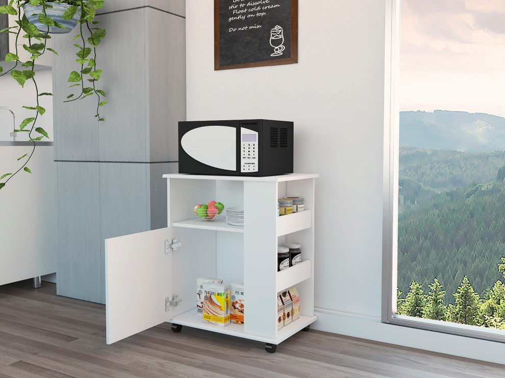 Clayton Microwave Cabinet with 3 Open Shelves, Cabinet, and Caster Wheels, White