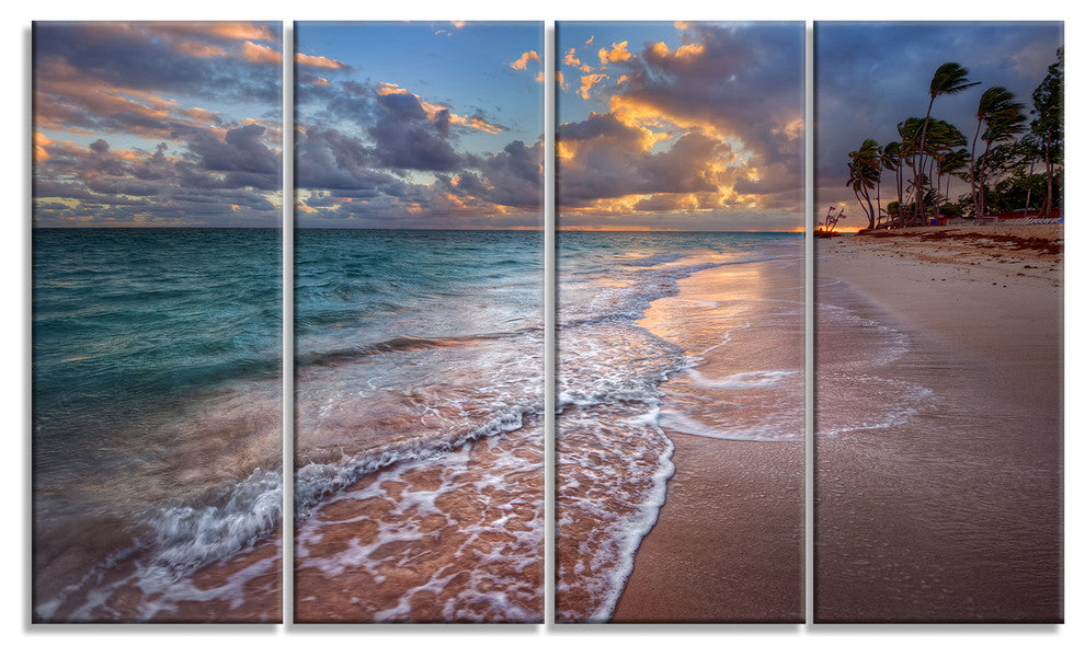 Palm Trees on Clear Sandy Beach, Seashore Canvas Art Print, 48"x28", 4 Panels