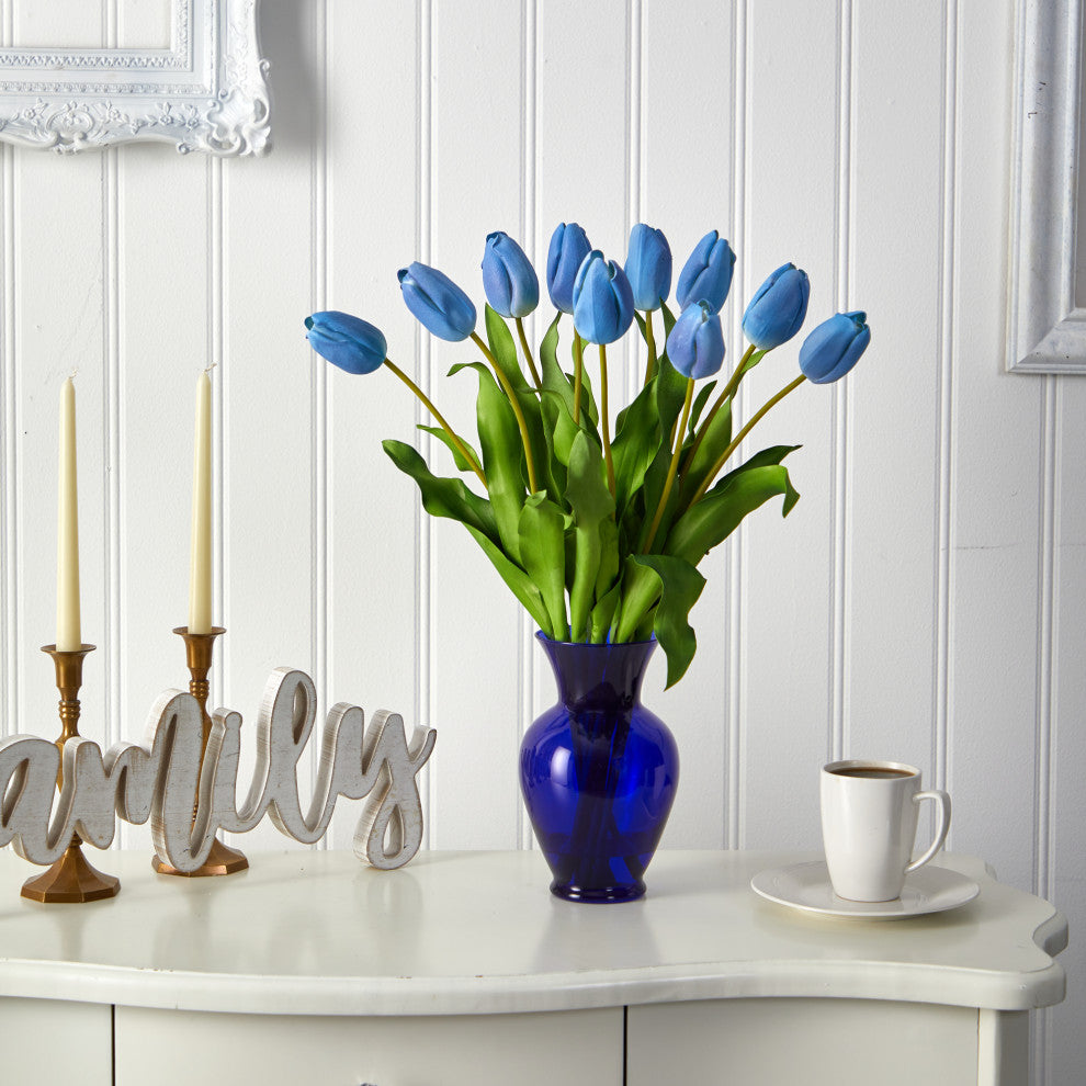22" Dutch Tulip Artificial Arrangement, Blue Colored Vase