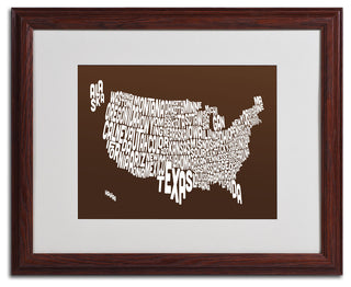 'USA States Text Map - Chocolate' Matted Framed Canvas Art by Michael Tompsett