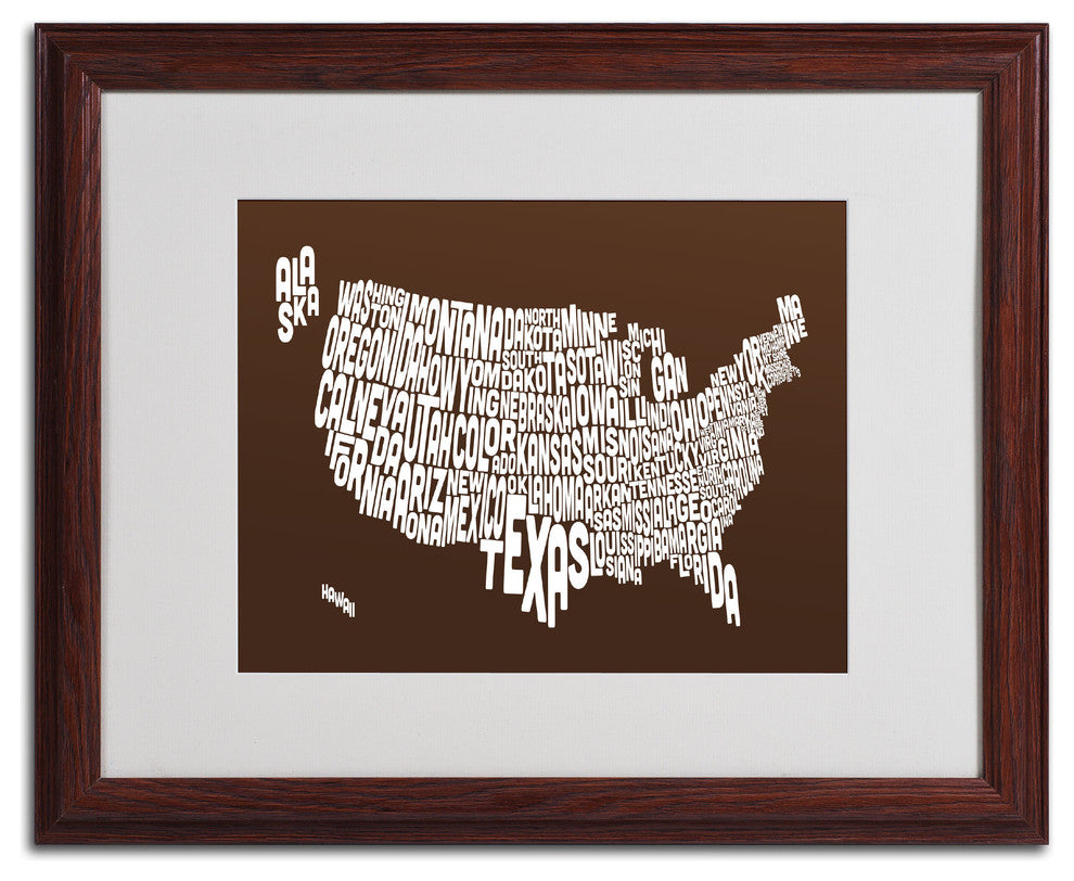 'USA States Text Map - Chocolate' Matted Framed Canvas Art by Michael Tompsett