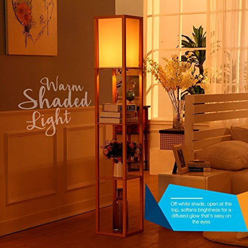 Brightech Maxwell - Modern LED Shelf Floor Lamp - Skinny End Table & Nightstand, Natural Wood