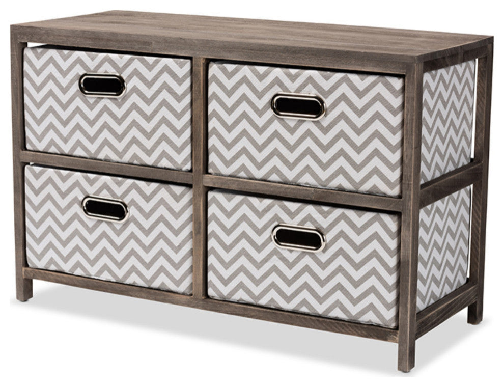 Jorah Gray And White Fabric Upholstered Graywashed Wood 4-Basket Storage Unit