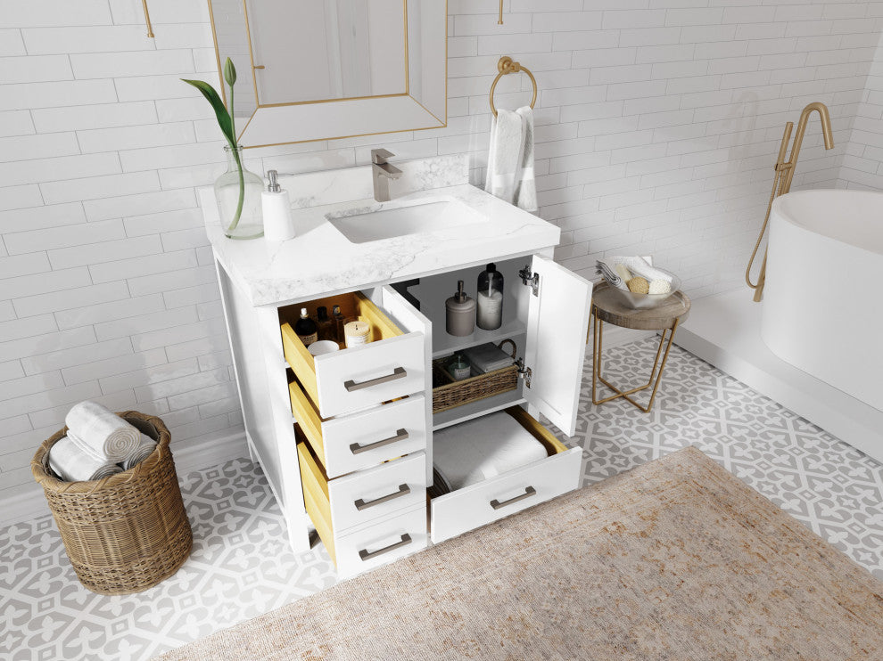 Malibu 36 Right Offset Bath Vanity in White  2" Calacatta Laza