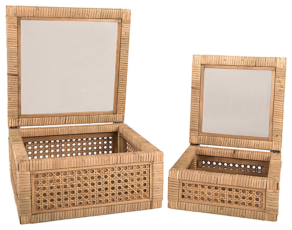 Olive Grove Woven Rattan Display Boxes, Glass Top, Square - Natural