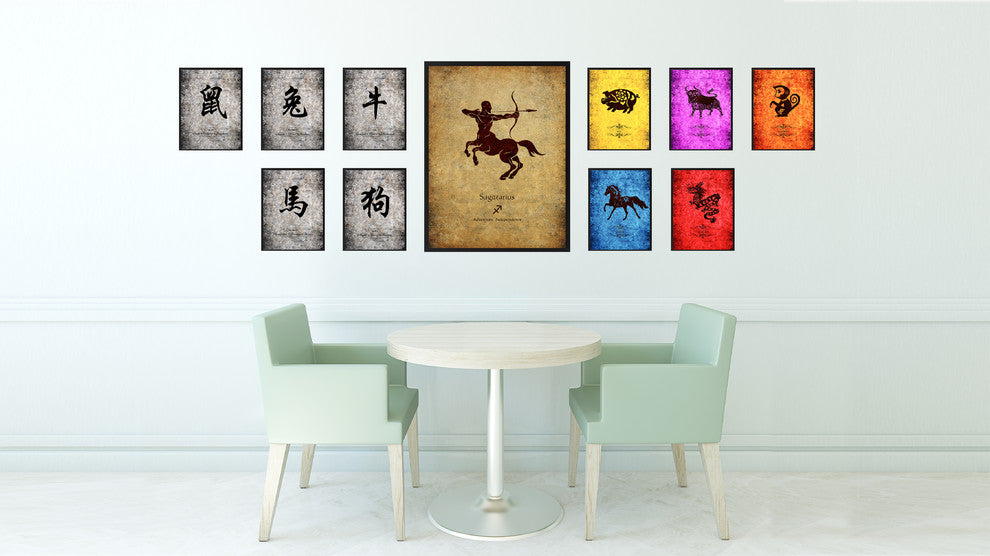Sagittarius Horoscope Astrology Brown Print on Canvas Framed, 28"x37"