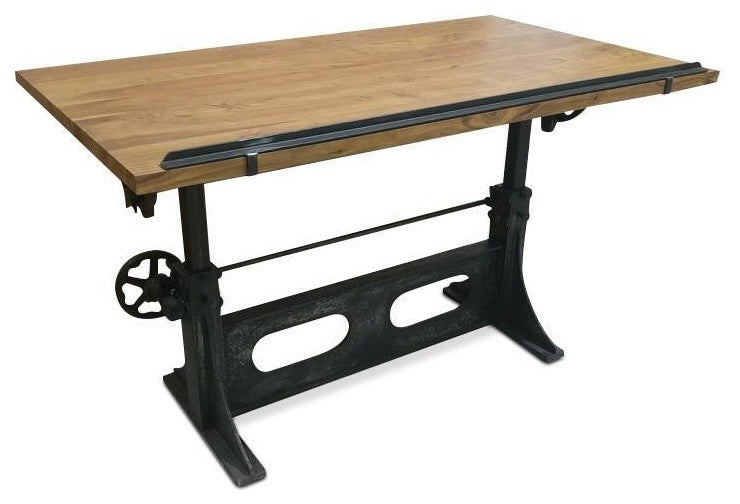 Industrial Adjustable Height Drafting Desk - Tilting Top - Cast Iron Base