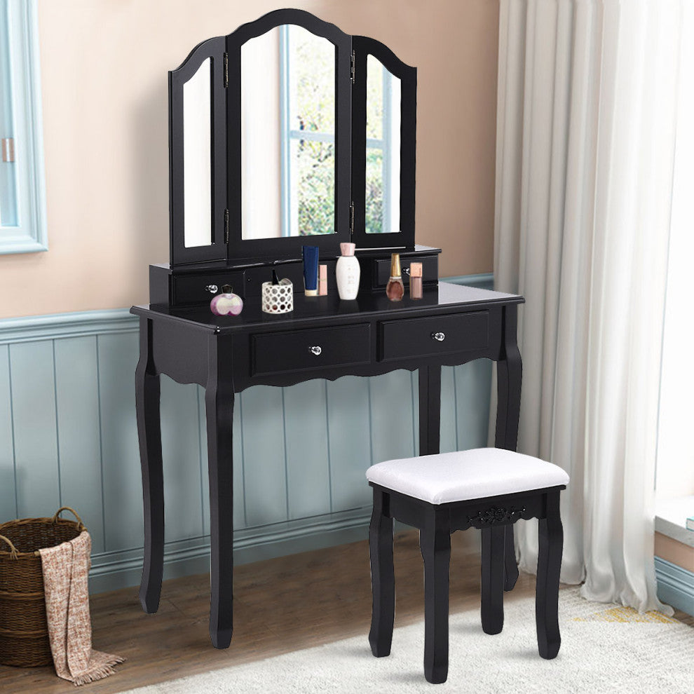 Costway Makeup Table Stool Set Tri Folding Mirror Vanity  Black