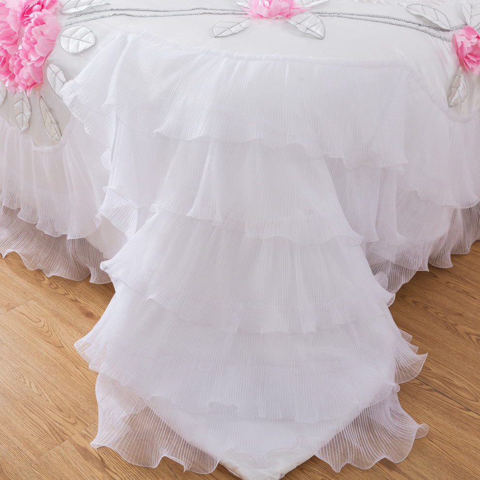 Tache 6-Piece Rose Pink White Satin Ruffled Bedding Set, King