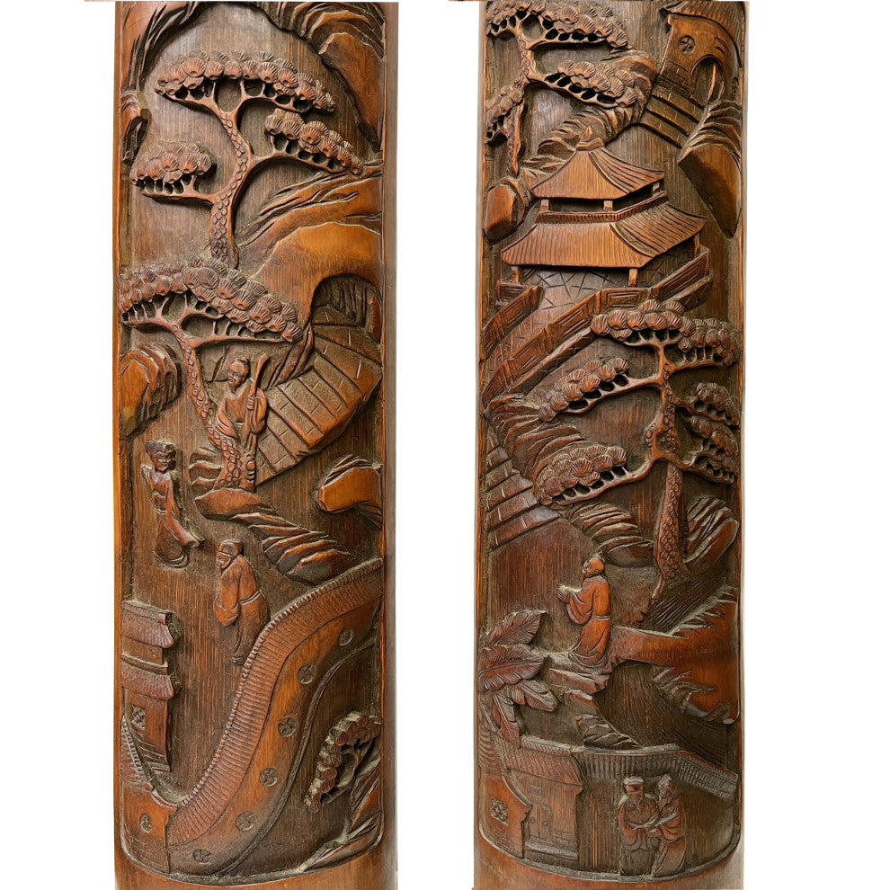 Pair Hand Carved Chinese Bamboo Calligraphy Landscape Panel Hws3048