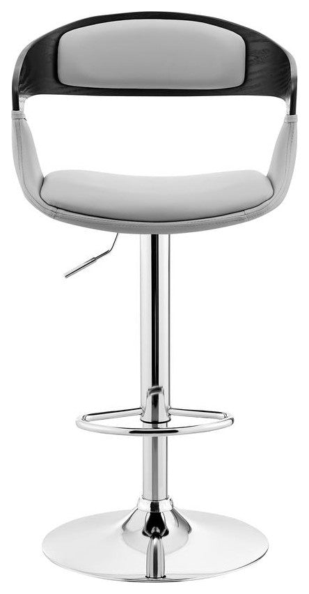 Benson Adjustable Gray Faux Leather and Black Wood Bar Stool with Chrome Base