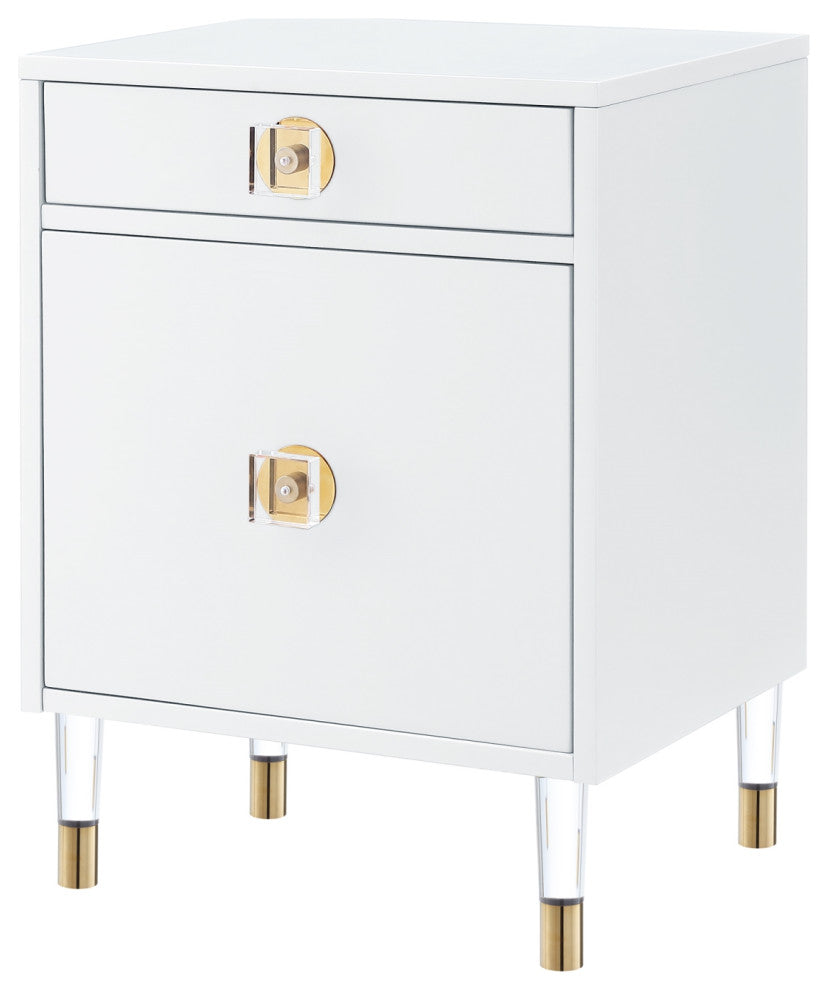 Nicole Miller Anatolio Nightstand High Gloss Acrylic Knob and Legs, White