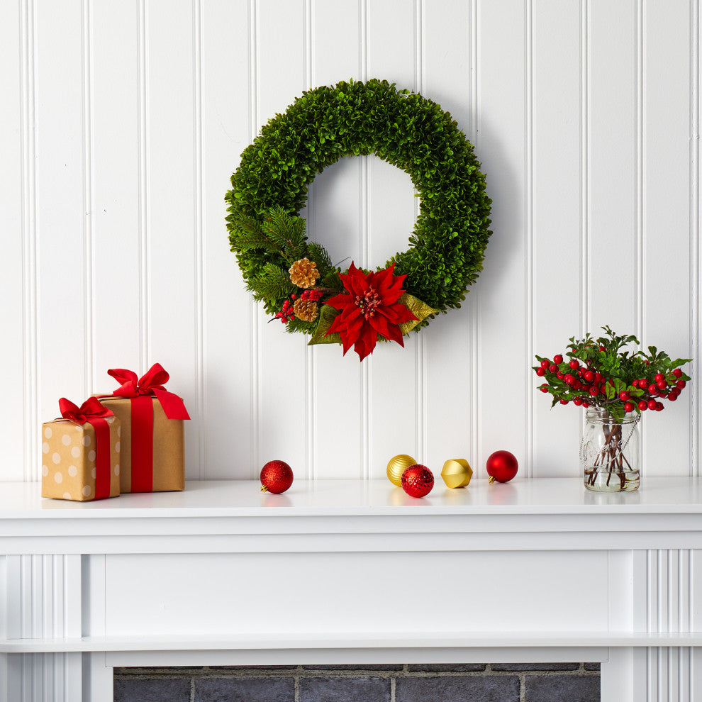 18" Tea Leaf, Poinsettia and Pine Artificial Wreath