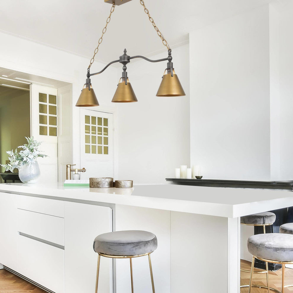 3-Lights Antique Gold and Gray Contemporary LED Kitchen Island Lamp