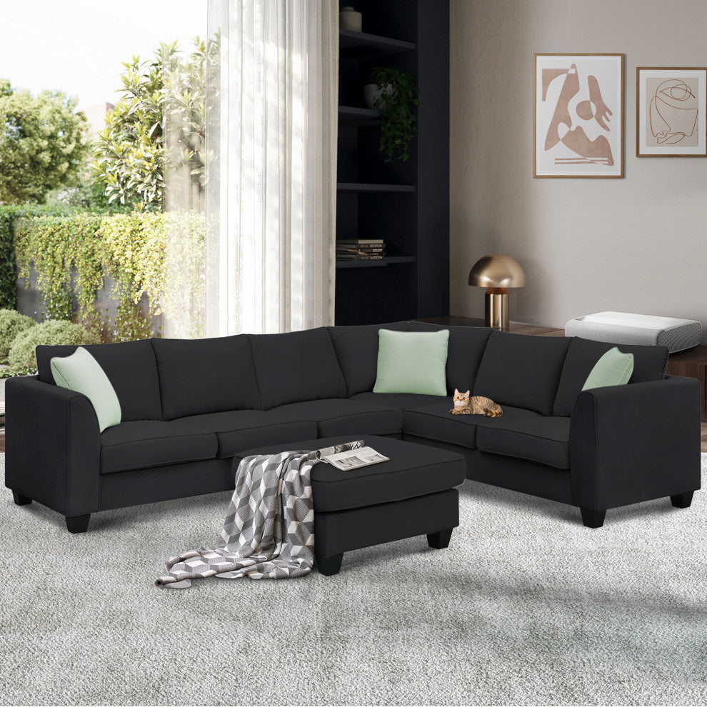 7-Seat Fabric Modular Sectional Sofa Couch Set with Ottoman and Pillows, Black
