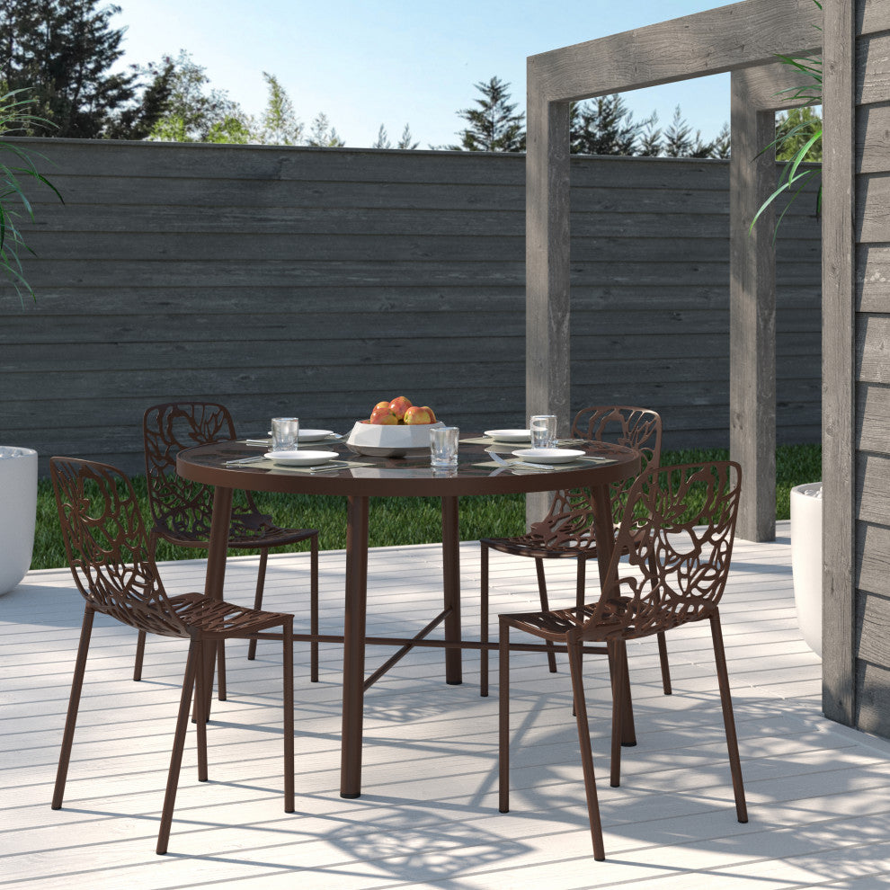 LeisureMod Devon Modern Outdoor Stackable Aluminum Dining Chair, Set of 4, Brown