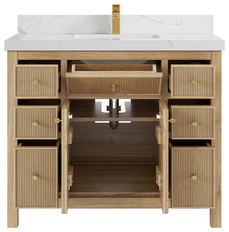 Sonoma 42 Single Sink Bath Vanity in Light Natural Teak with 2" Calacatta Laza